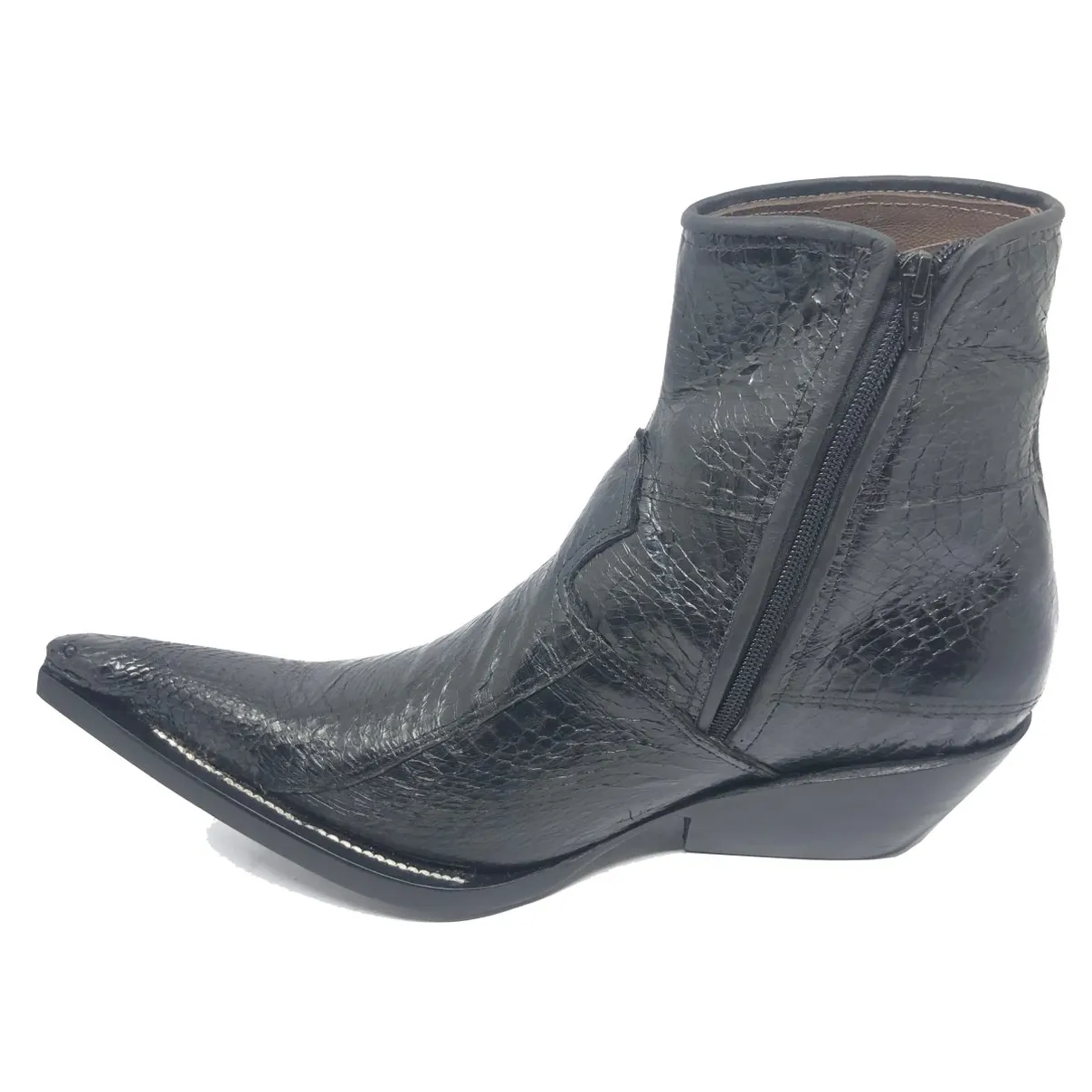 Bota Texana Reizinho Premium de Couro Legítimo de Cobra Napa Preta com Cabeça LIMITED EDITION - Cano Curto, Bico Fino - Solado de Couro Artesanal