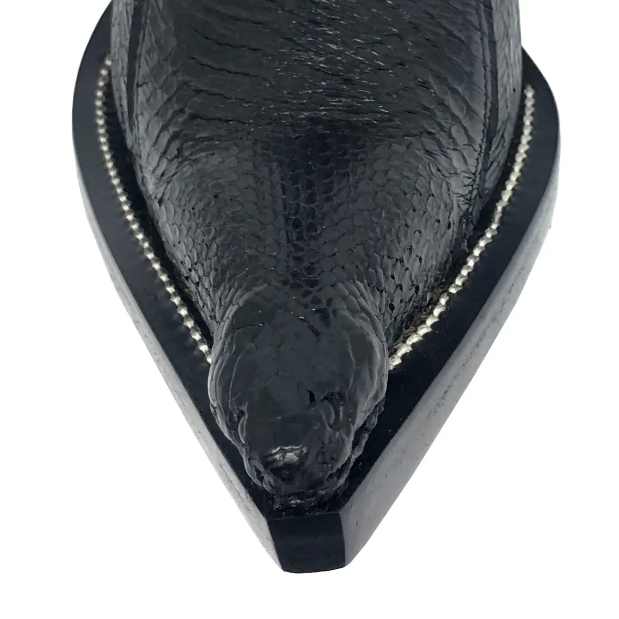 Bota Texana Reizinho Premium de Couro Legítimo de Cobra Napa Preta com Cabeça LIMITED EDITION - Cano Curto, Bico Fino - Solado de Couro Artesanal