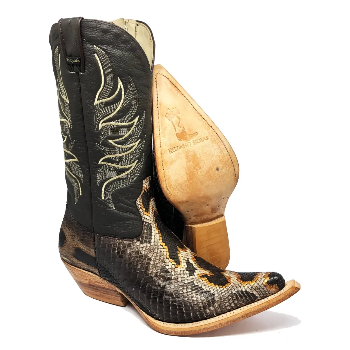 Bota Texana Reizinho Premium de Couro Legítimo de Cobra Python Brown Crafts LIMITED EDITION - Cano Alto, Bico Fino - Solado de Couro Artesanal