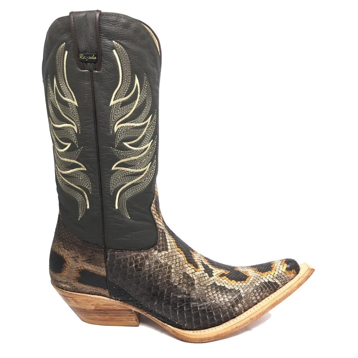 Bota Texana Reizinho Premium de Couro Legítimo de Cobra Python Brown Crafts LIMITED EDITION - Cano Alto, Bico Fino - Solado de Couro Artesanal