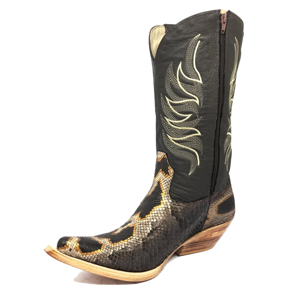 Bota Texana Reizinho Premium de Couro Legítimo de Cobra Python Brown Crafts LIMITED EDITION - Cano Alto, Bico Fino - Solado de Couro Artesanal