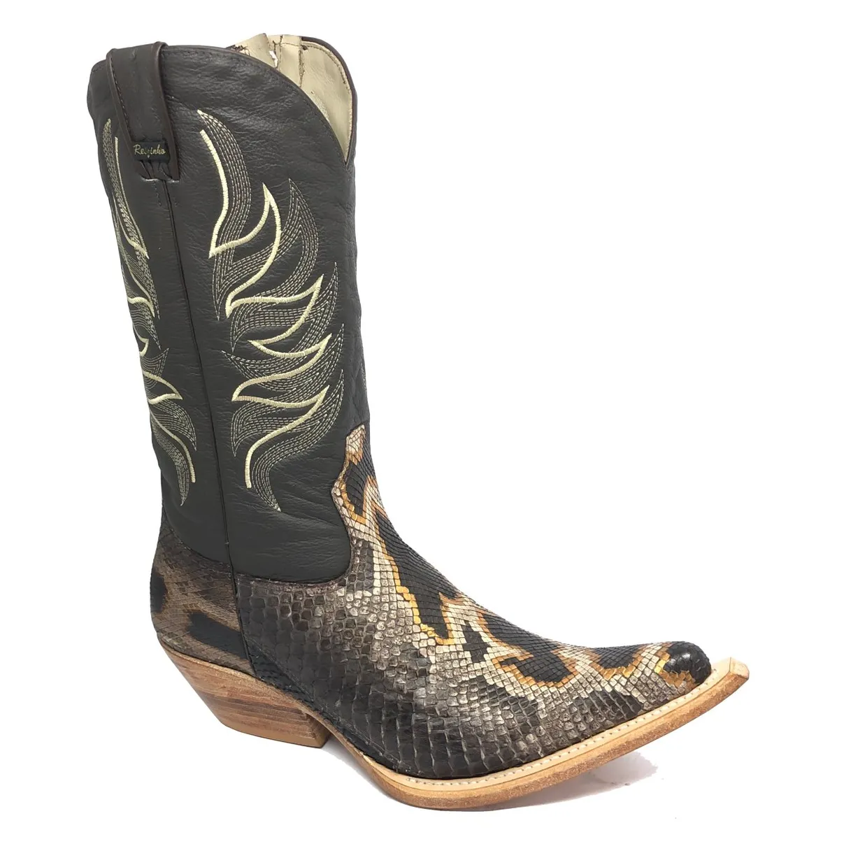 Bota Texana Reizinho Premium de Couro Legítimo de Cobra Python Brown Crafts LIMITED EDITION - Cano Alto, Bico Fino - Solado de Couro Artesanal