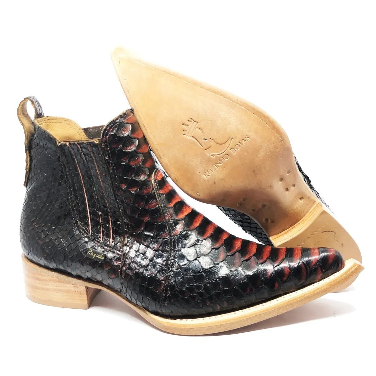 Bota Texana Reizinho Premium de Couro Legítimo de Cobra Python Black Salmon LIMITED EDITION - Cano Curto, Bico Fino - Solado de Couro Artesanal