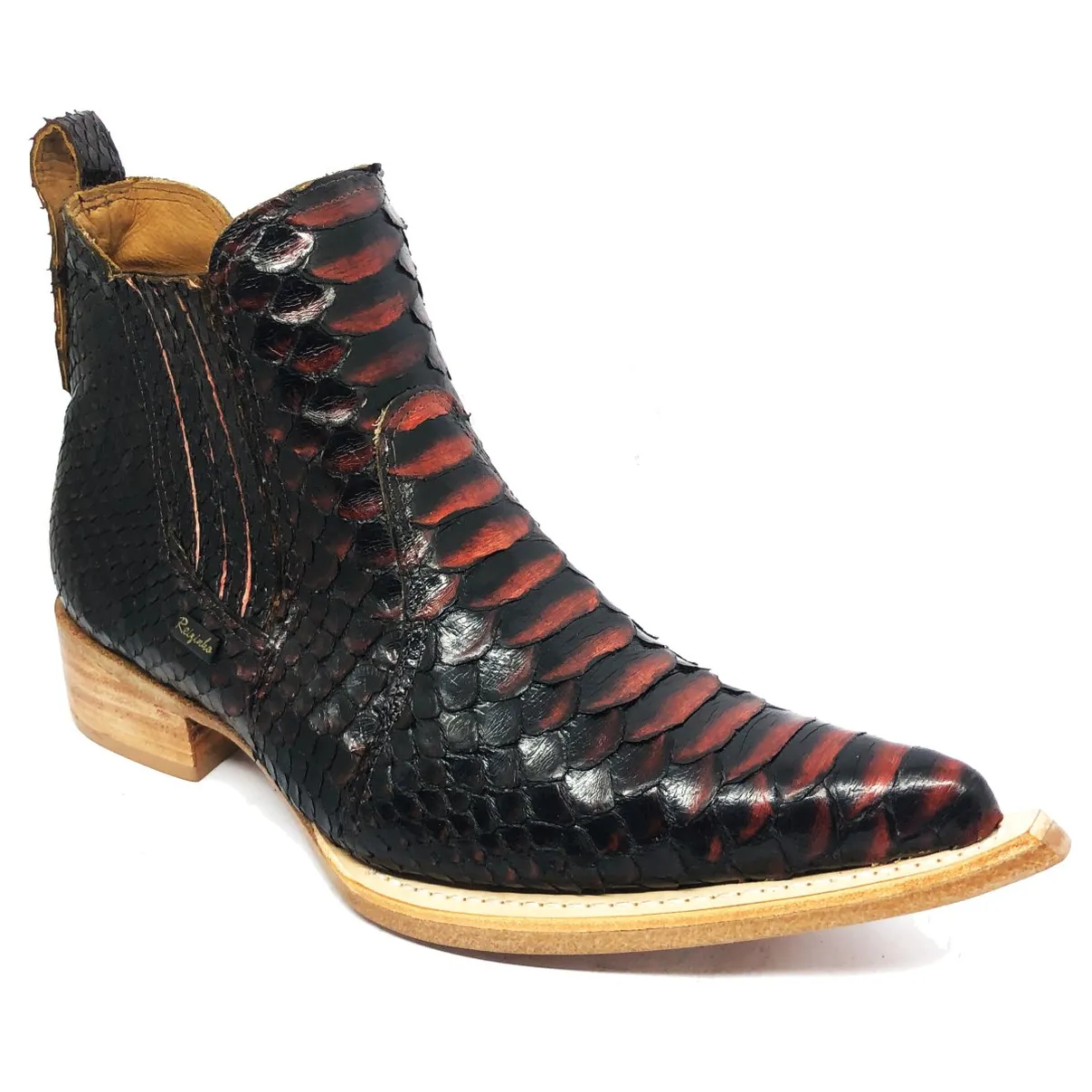 Bota Texana Reizinho Premium de Couro Legítimo de Cobra Python Black Salmon LIMITED EDITION - Cano Curto, Bico Fino - Solado de Couro Artesanal
