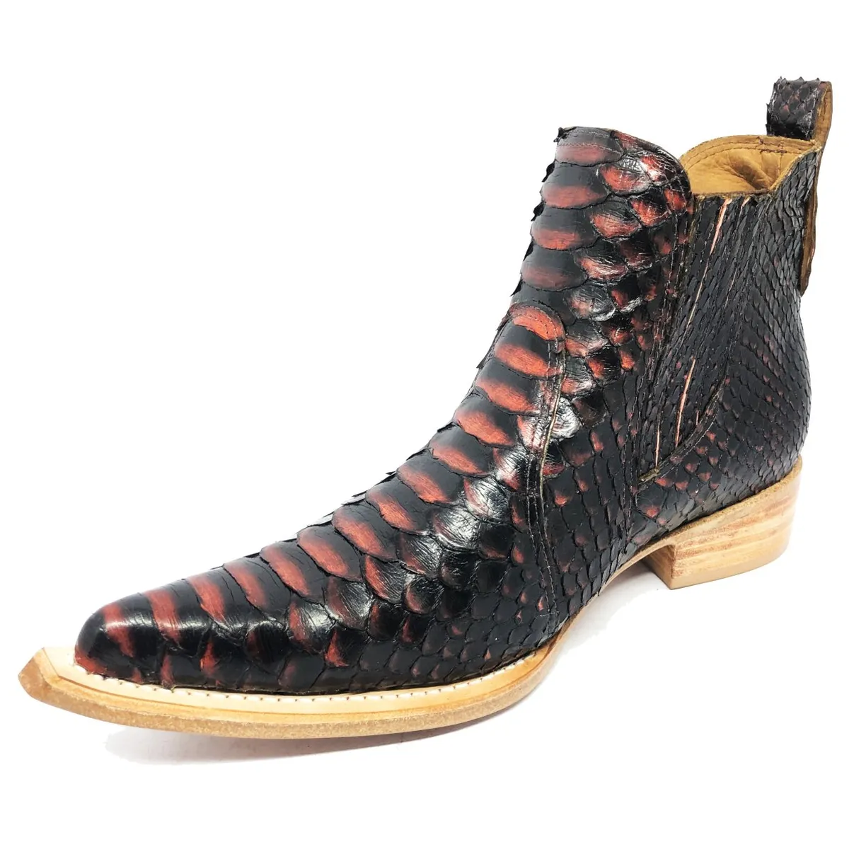 Bota Texana Reizinho Premium de Couro Legítimo de Cobra Python Black Salmon LIMITED EDITION - Cano Curto, Bico Fino - Solado de Couro Artesanal