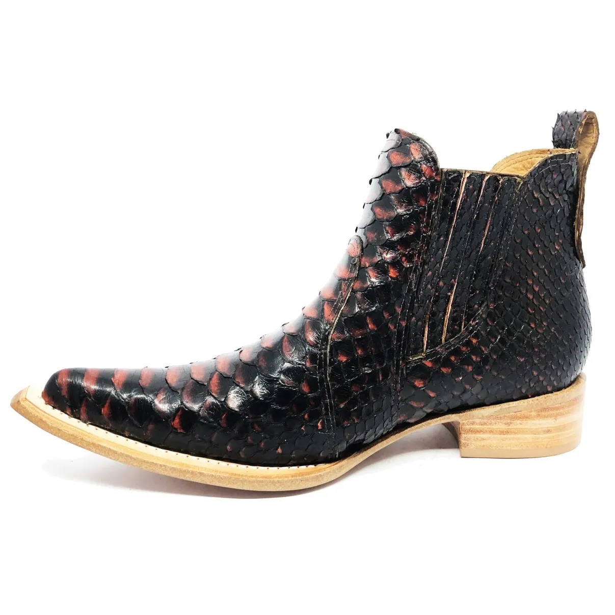 Bota Texana Reizinho Premium de Couro Legítimo de Cobra Python Black Salmon LIMITED EDITION - Cano Curto, Bico Fino - Solado de Couro Artesanal