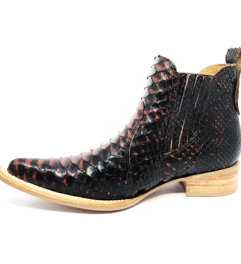 Bota Texana Reizinho Premium de Couro Legítimo de Cobra Python Black Salmon LIMITED EDITION - Cano Curto, Bico Fino - Solado de Couro Artesanal