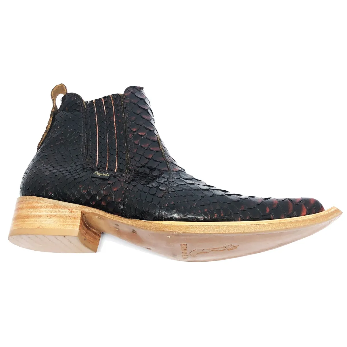 Bota Texana Reizinho Premium de Couro Legítimo de Cobra Python Black Salmon LIMITED EDITION - Cano Curto, Bico Fino - Solado de Couro Artesanal