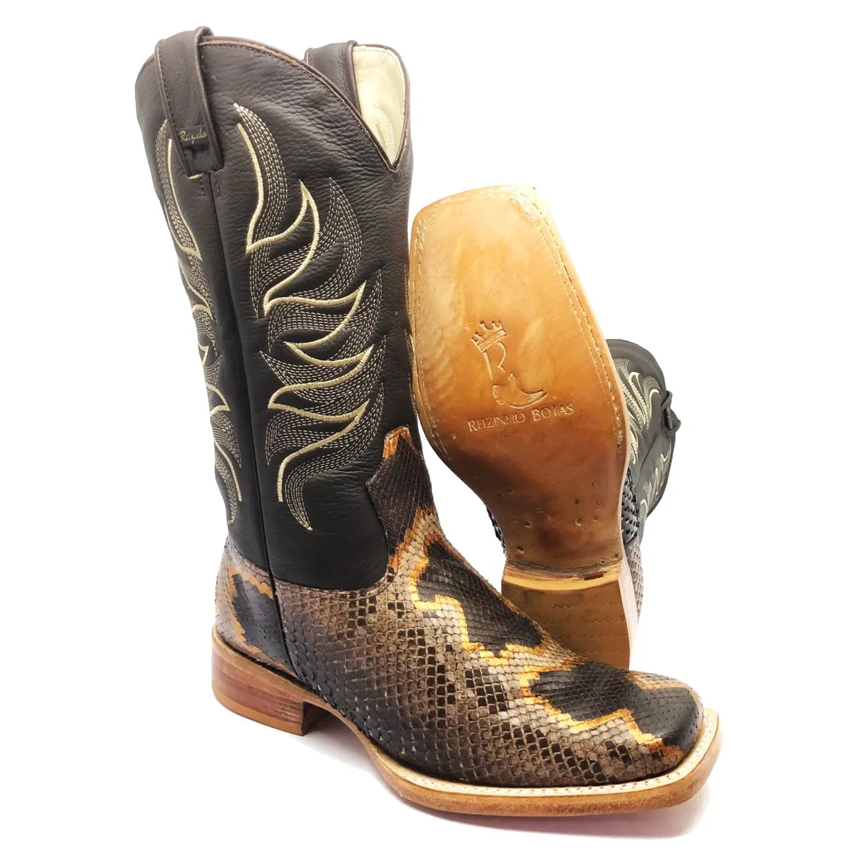 Bota Texana Reizinho Premium de Couro Legítimo de Cobra Python Brown Crafts LIMITED EDITION - Cano Alto, Bico Quadrado - Solado de Couro Artesanal
