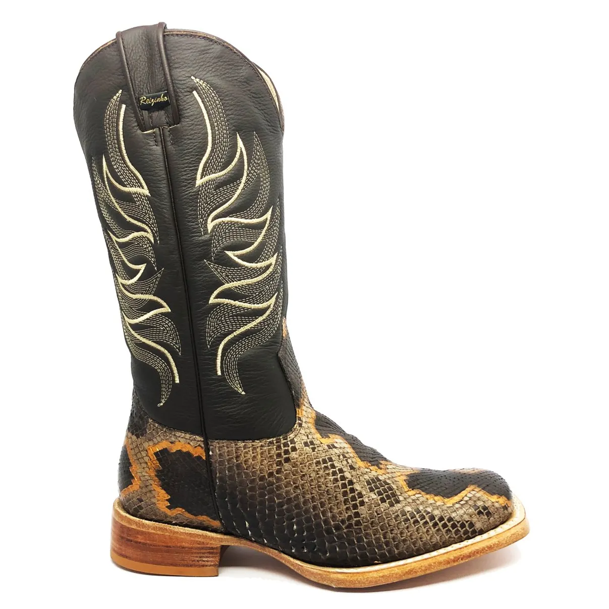 Bota Texana Reizinho Premium de Couro Legítimo de Cobra Python Brown Crafts LIMITED EDITION - Cano Alto, Bico Quadrado - Solado de Couro Artesanal