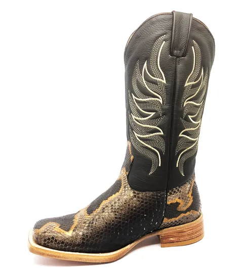 Bota Texana Reizinho Premium de Couro Legítimo de Cobra Python Brown Crafts LIMITED EDITION - Cano Alto, Bico Quadrado - Solado de Couro Artesanal
