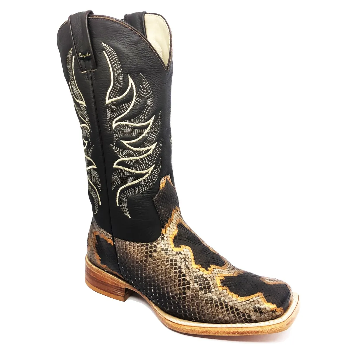Bota Texana Reizinho Premium de Couro Legítimo de Cobra Python Brown Crafts LIMITED EDITION - Cano Alto, Bico Quadrado - Solado de Couro Artesanal