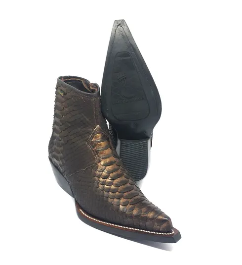 Bota Texana Reizinho Premium de Couro Legítimo de Cobra Python Brown Gold LIMITED EDITION - Cano Curto, Bico Fino - Solado de Couro Artesanal Injetado