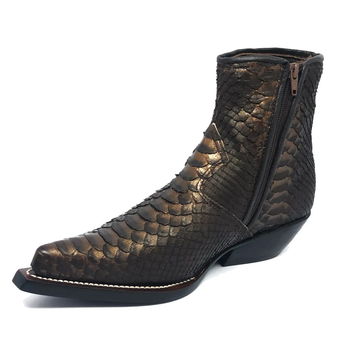 Bota Texana Reizinho Premium de Couro Legítimo de Cobra Python Brown Gold LIMITED EDITION - Cano Curto, Bico Fino - Solado de Couro Artesanal Injetado