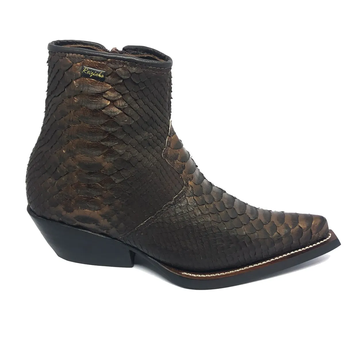 Bota Texana Reizinho Premium de Couro Legítimo de Cobra Python Brown Gold LIMITED EDITION - Cano Curto, Bico Fino - Solado de Couro Artesanal Injetado