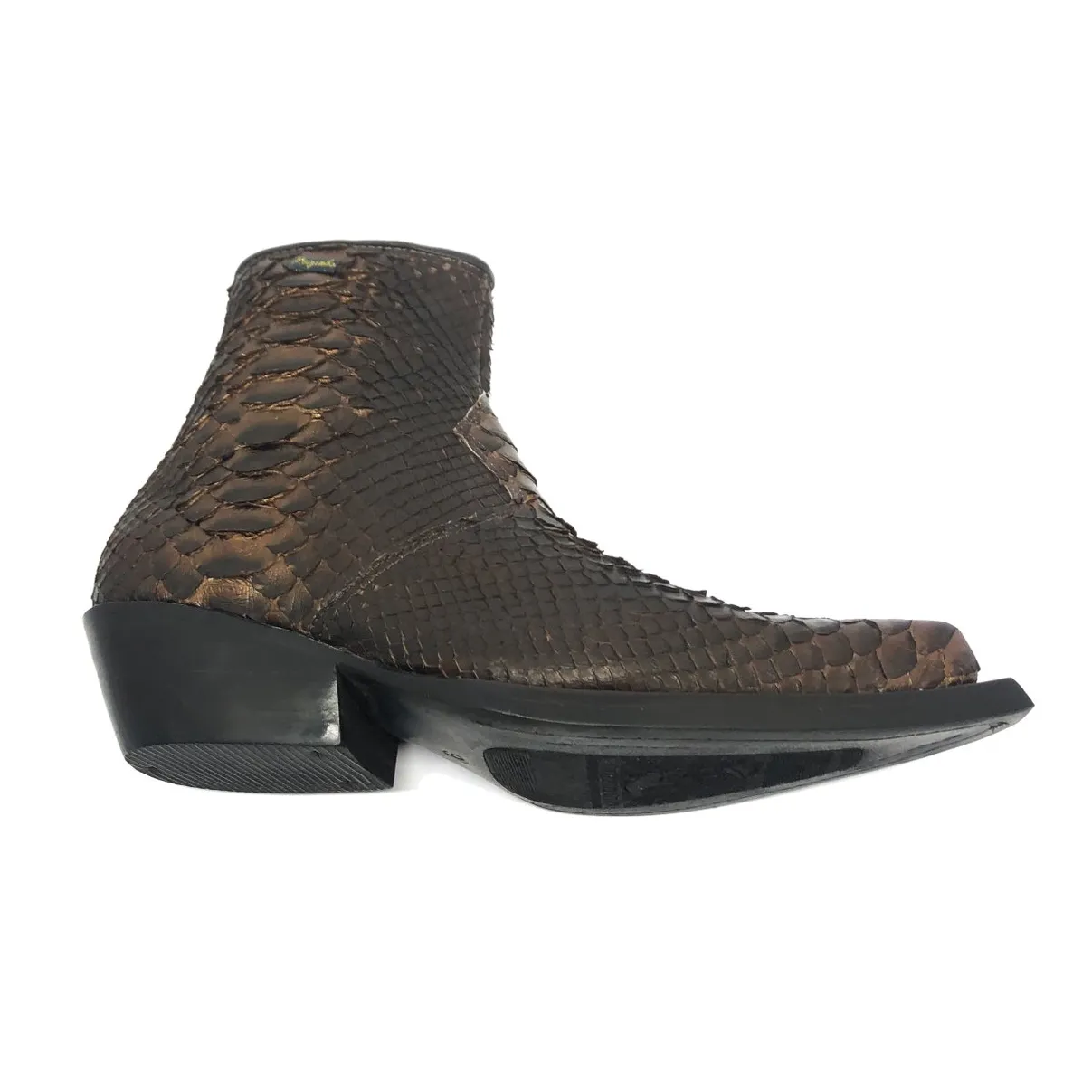 Bota Texana Reizinho Premium de Couro Legítimo de Cobra Python Brown Gold LIMITED EDITION - Cano Curto, Bico Fino - Solado de Couro Artesanal Injetado