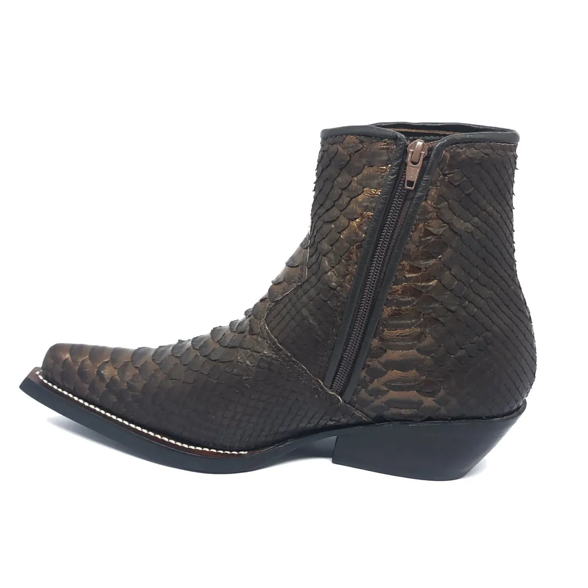 Bota Texana Reizinho Premium de Couro Legítimo de Cobra Python Brown Gold LIMITED EDITION - Cano Curto, Bico Fino - Solado de Couro Artesanal Injetado
