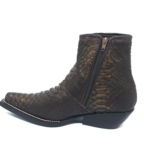 Bota Texana Reizinho Premium de Couro Legítimo de Cobra Python Brown Gold LIMITED EDITION - Cano Curto, Bico Fino - Solado de Couro Artesanal Injetado