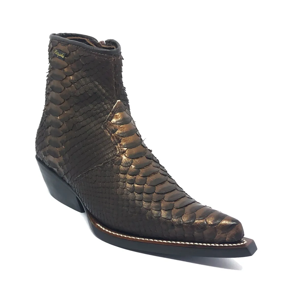 Bota Texana Reizinho Premium de Couro Legítimo de Cobra Python Brown Gold LIMITED EDITION - Cano Curto, Bico Fino - Solado de Couro Artesanal Injetado
