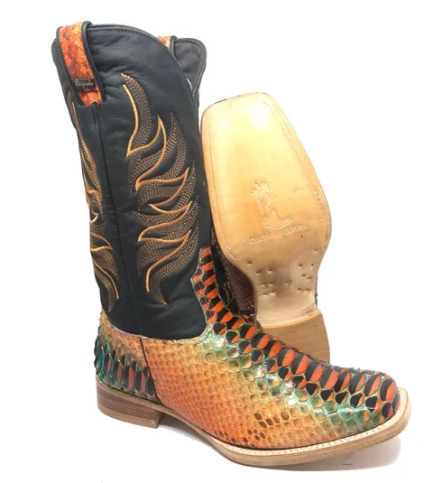 Bota Texana Reizinho Premium de Couro Legítimo de Cobra Python Cassis LIMITED EDITION - Cano Alto, Bico Quadrado - Solado de Couro Artesanal