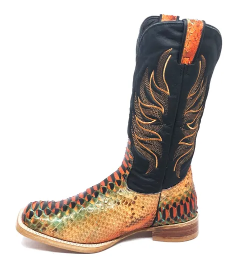 Bota Texana Reizinho Premium de Couro Legítimo de Cobra Python Cassis LIMITED EDITION - Cano Alto, Bico Quadrado - Solado de Couro Artesanal