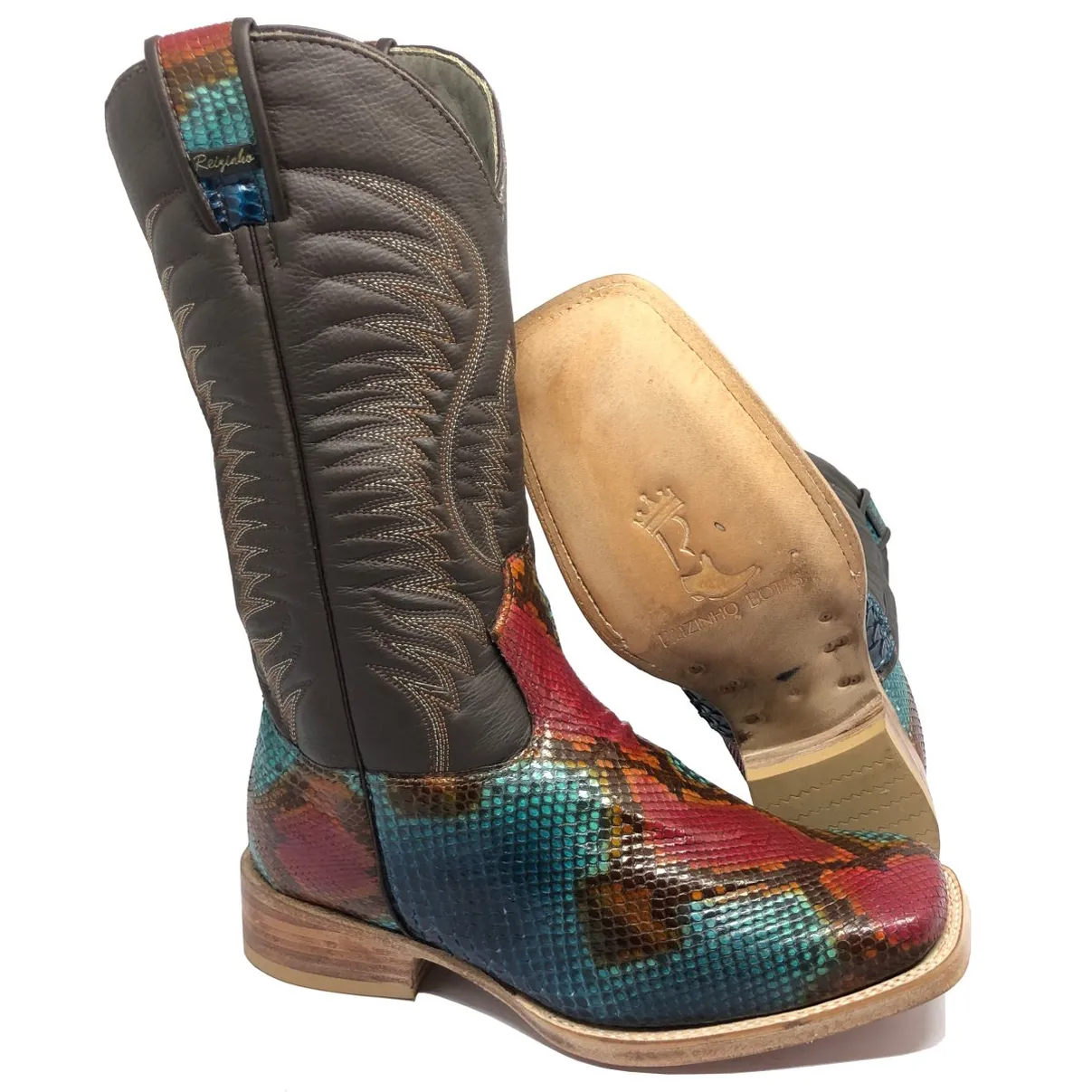 Bota Texana Reizinho Premium de Couro Legítimo de Cobra Python Lille LIMITED EDITION - Cano Alto, Bico Quadrado - Solado de 