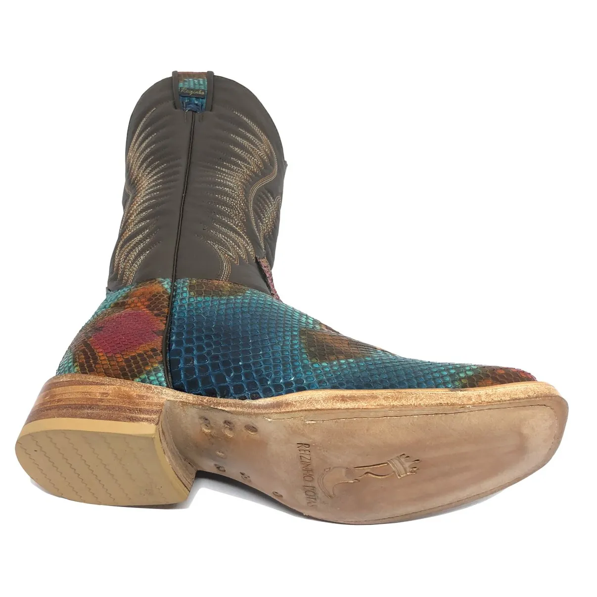 Bota Texana Reizinho Premium de Couro Legítimo de Cobra Python Lille LIMITED EDITION - Cano Alto, Bico Quadrado - Solado de 