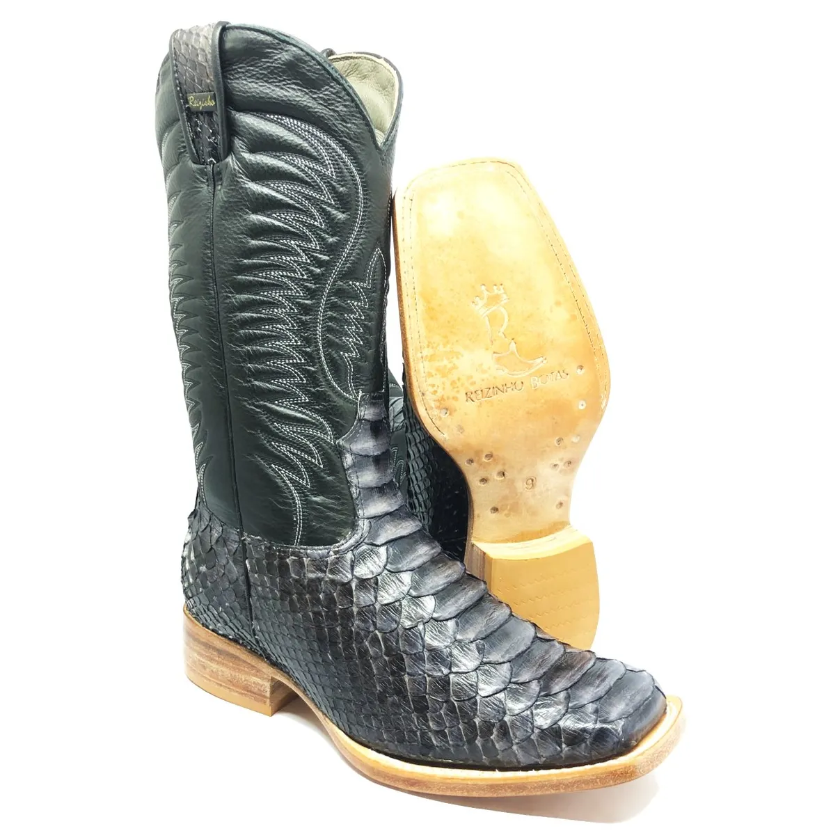 Bota Texana Reizinho Premium de Couro Legítimo de Cobra Python Luxo Black LIMITED EDITION - Cano Alto, Bico Quadrado - Solado de Couro Artesanal