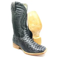 Bota Texana Reizinho Premium de Couro Legítimo de Cobra Python Luxo Black LIMITED EDITION - Cano Alto, Bico Quadrado - Solado de Couro Artesanal - imagem 1