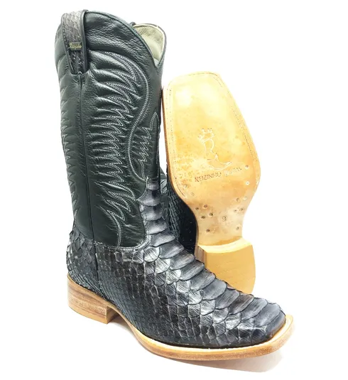 Bota Texana Reizinho Premium de Couro Legítimo de Cobra Python Luxo Black LIMITED EDITION - Cano Alto, Bico Quadrado - Solado de Couro Artesanal