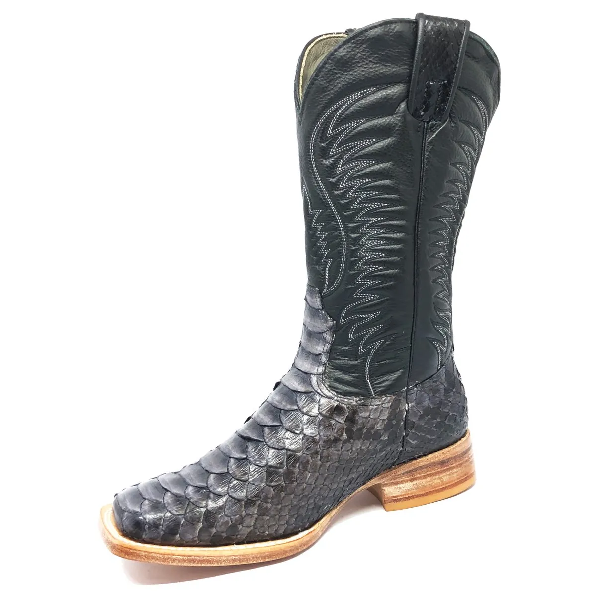 Bota Texana Reizinho Premium de Couro Legítimo de Cobra Python Luxo Black LIMITED EDITION - Cano Alto, Bico Quadrado - Solado de Couro Artesanal