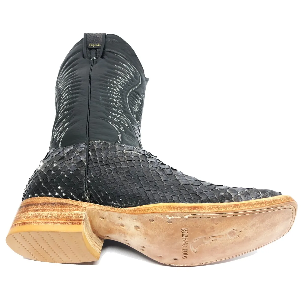 Bota Texana Reizinho Premium de Couro Legítimo de Cobra Python Luxo Black LIMITED EDITION - Cano Alto, Bico Quadrado - Solado de Couro Artesanal