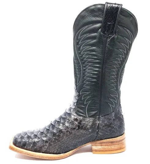 Bota Texana Reizinho Premium de Couro Legítimo de Cobra Python Luxo Black LIMITED EDITION - Cano Alto, Bico Quadrado - Solado de Couro Artesanal