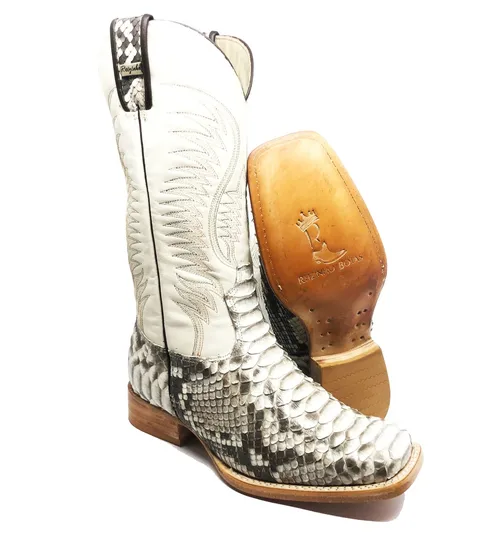 Bota Texana Reizinho Premium de Couro Legítimo de Cobra Python Natural LIMITED EDITION - Cano Alto, Bico Quadrado - Solado de Couro Artesanal