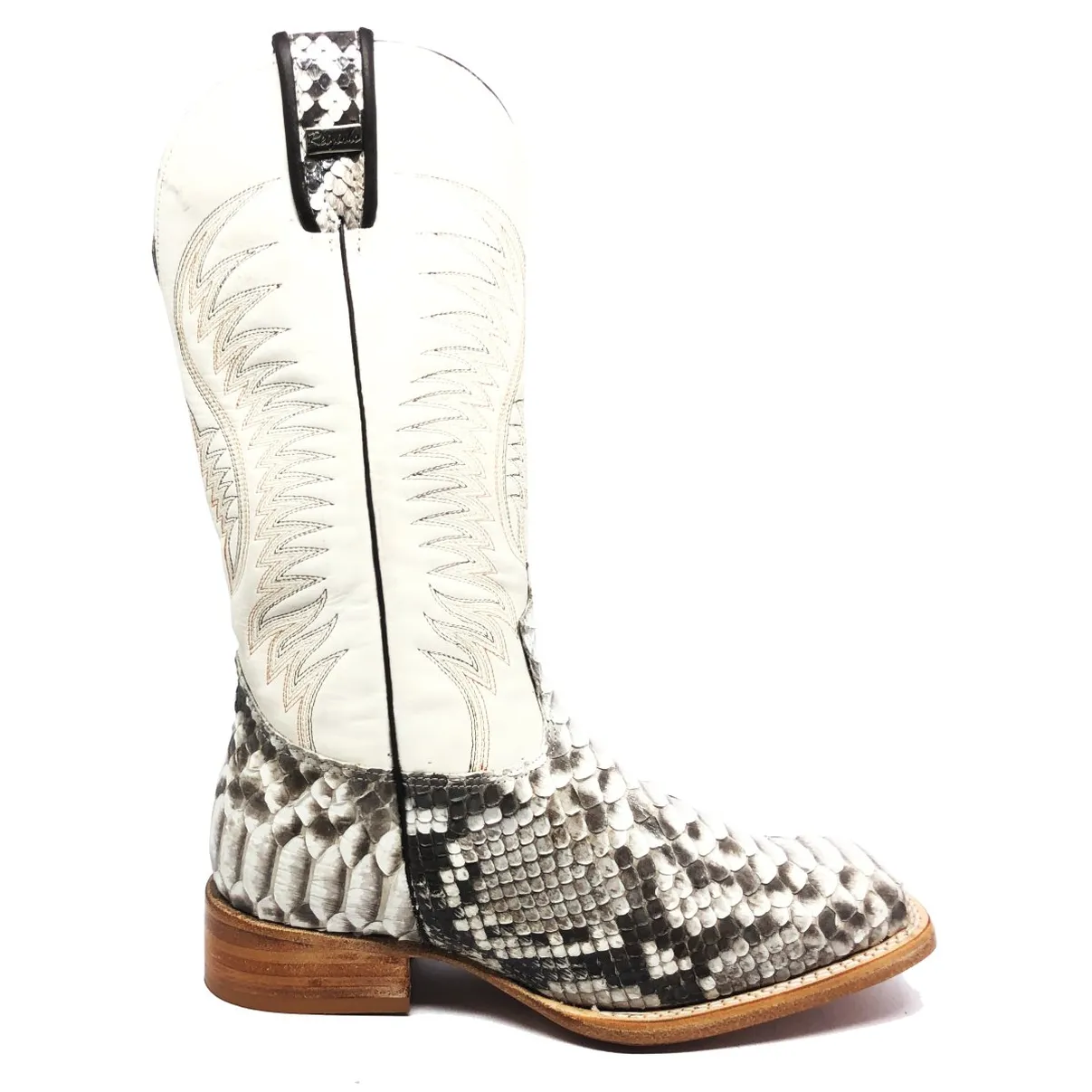 Bota Texana Reizinho Premium de Couro Legítimo de Cobra Python Natural LIMITED EDITION - Cano Alto, Bico Quadrado - Solado de Couro Artesanal