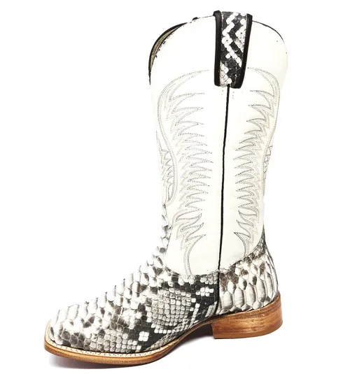 Bota Texana Reizinho Premium de Couro Legítimo de Cobra Python Natural LIMITED EDITION - Cano Alto, Bico Quadrado - Solado de Couro Artesanal
