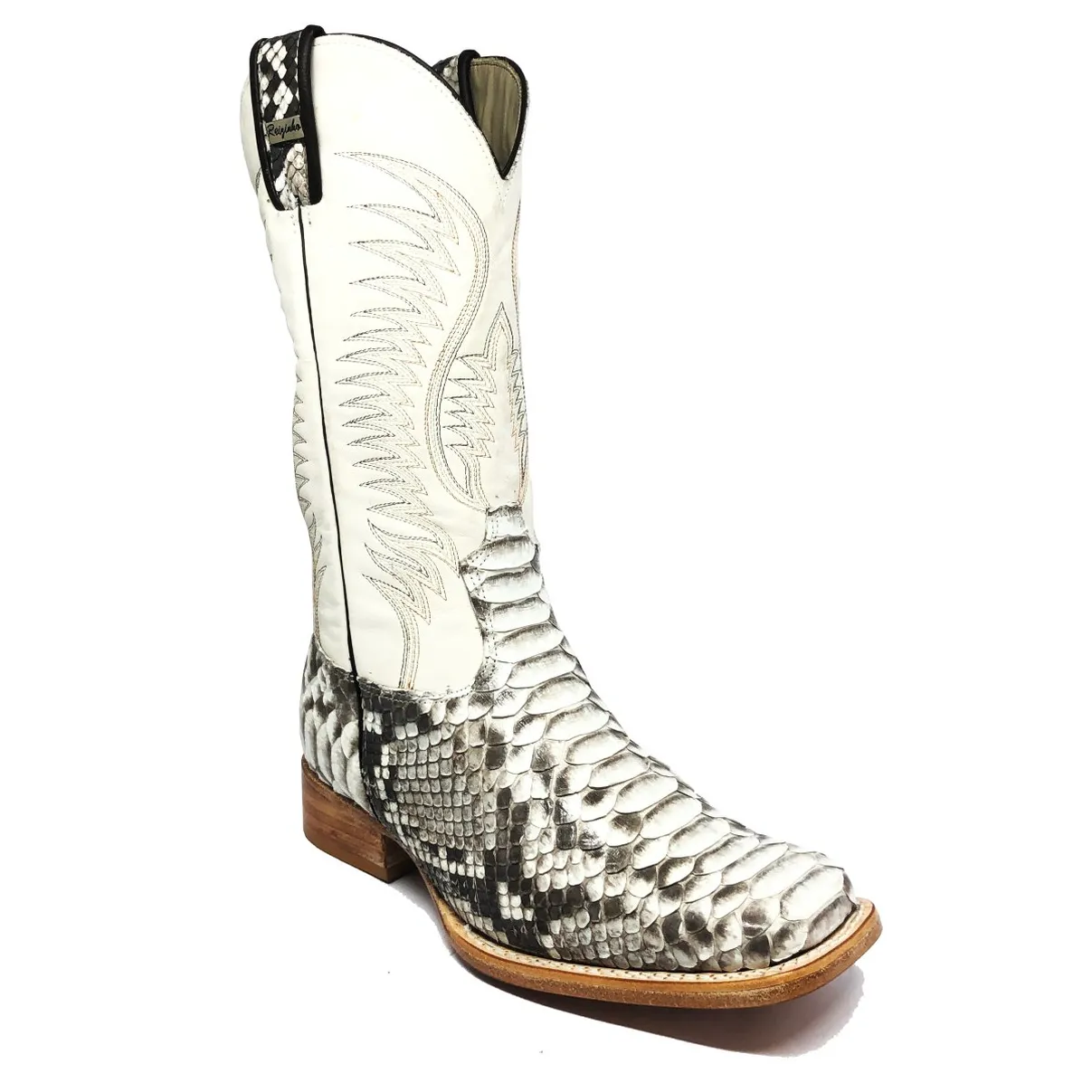 Bota Texana Reizinho Premium de Couro Legítimo de Cobra Python Natural LIMITED EDITION - Cano Alto, Bico Quadrado - Solado de Couro Artesanal