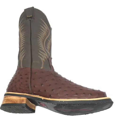 Bota De Couro De Avestruz Cheio Pinhão Escuro - Cano Alto, Bico Quadrado, Solado X-flex Artesanal