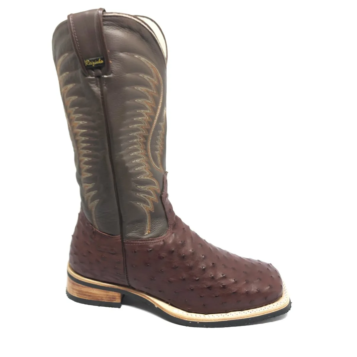 Bota De Couro De Avestruz Cheio Pinhão Escuro - Cano Alto, Bico Quadrado, Solado X-flex Artesanal