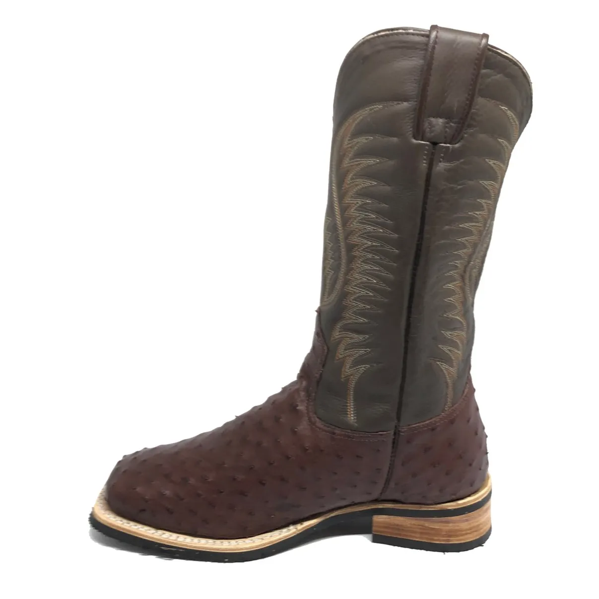 Bota De Couro De Avestruz Cheio Pinhão Escuro - Cano Alto, Bico Quadrado, Solado X-flex Artesanal