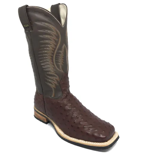 Bota De Couro De Avestruz Cheio Pinhão Escuro - Cano Alto, Bico Quadrado, Solado X-flex Artesanal