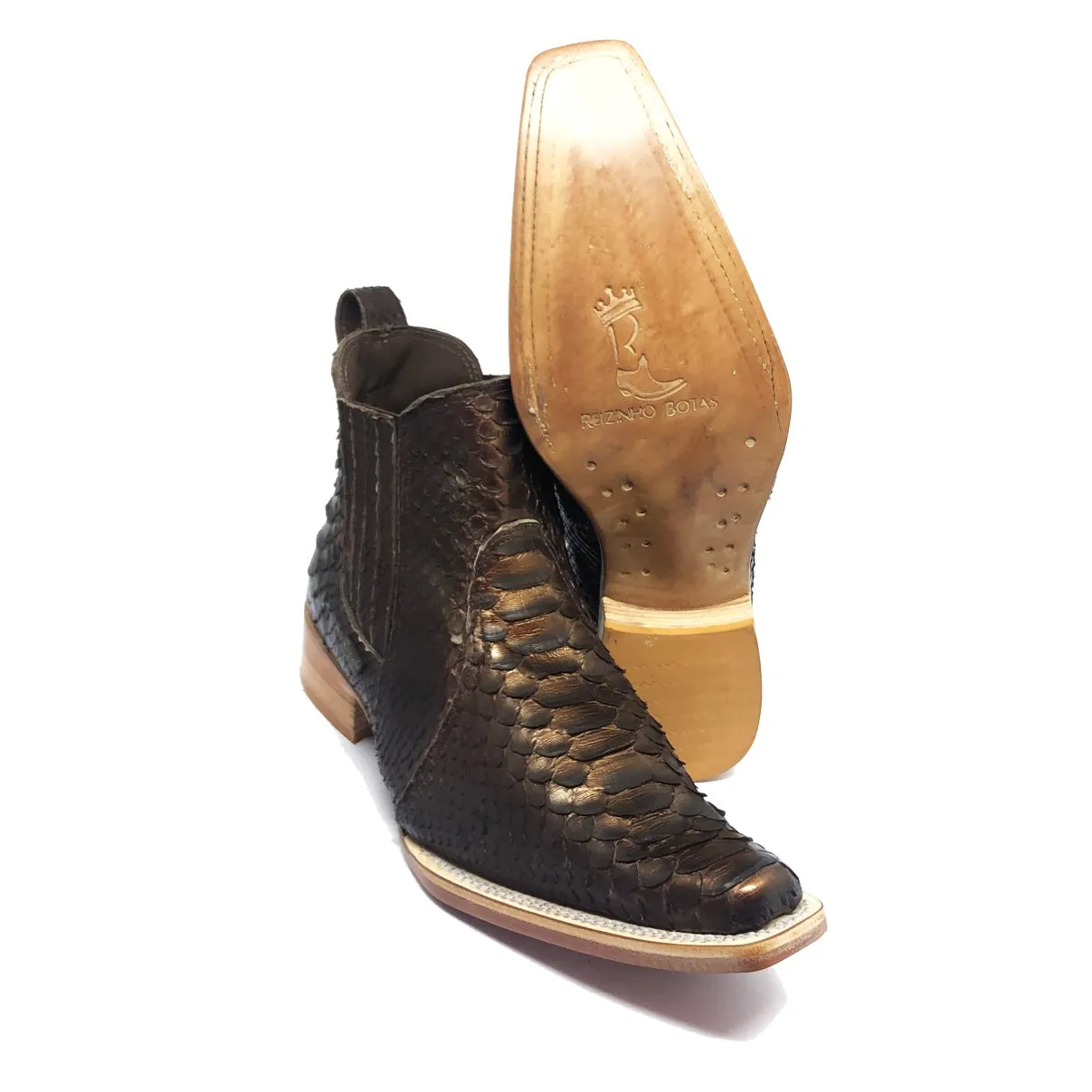 Bota Texana Reizinho Premium de Couro Legítimo de Cobra Python Luxo Brown LIMITED EDITION - Cano Curto, Bico Fino Quadra