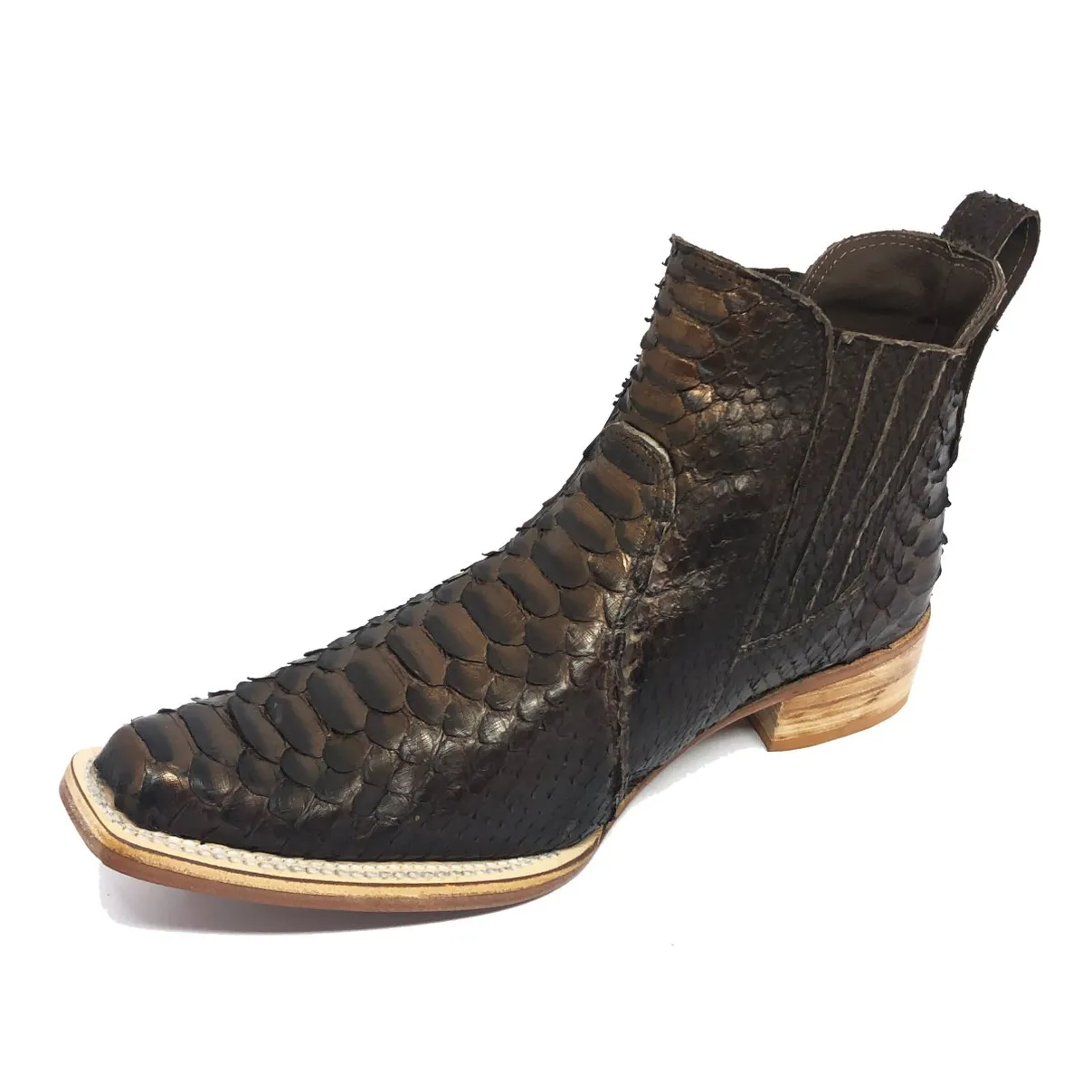 Bota Texana Reizinho Premium de Couro Legítimo de Cobra Python Luxo Brown LIMITED EDITION - Cano Curto, Bico Fino Quadra