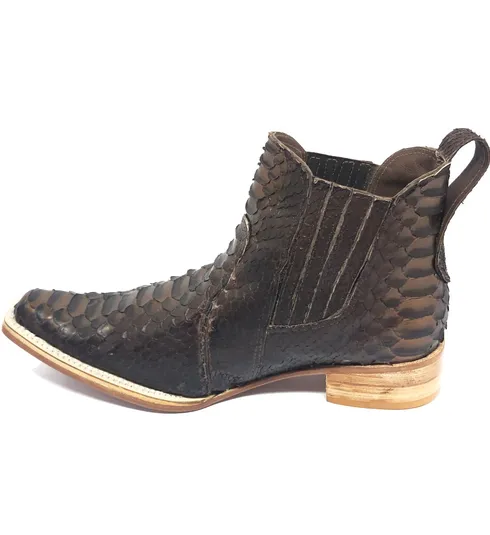 Bota Texana Reizinho Premium de Couro Legítimo de Cobra Python Luxo Brown LIMITED EDITION - Cano Curto, Bico Fino Quadradinho - Solado de Couro Artesanal
