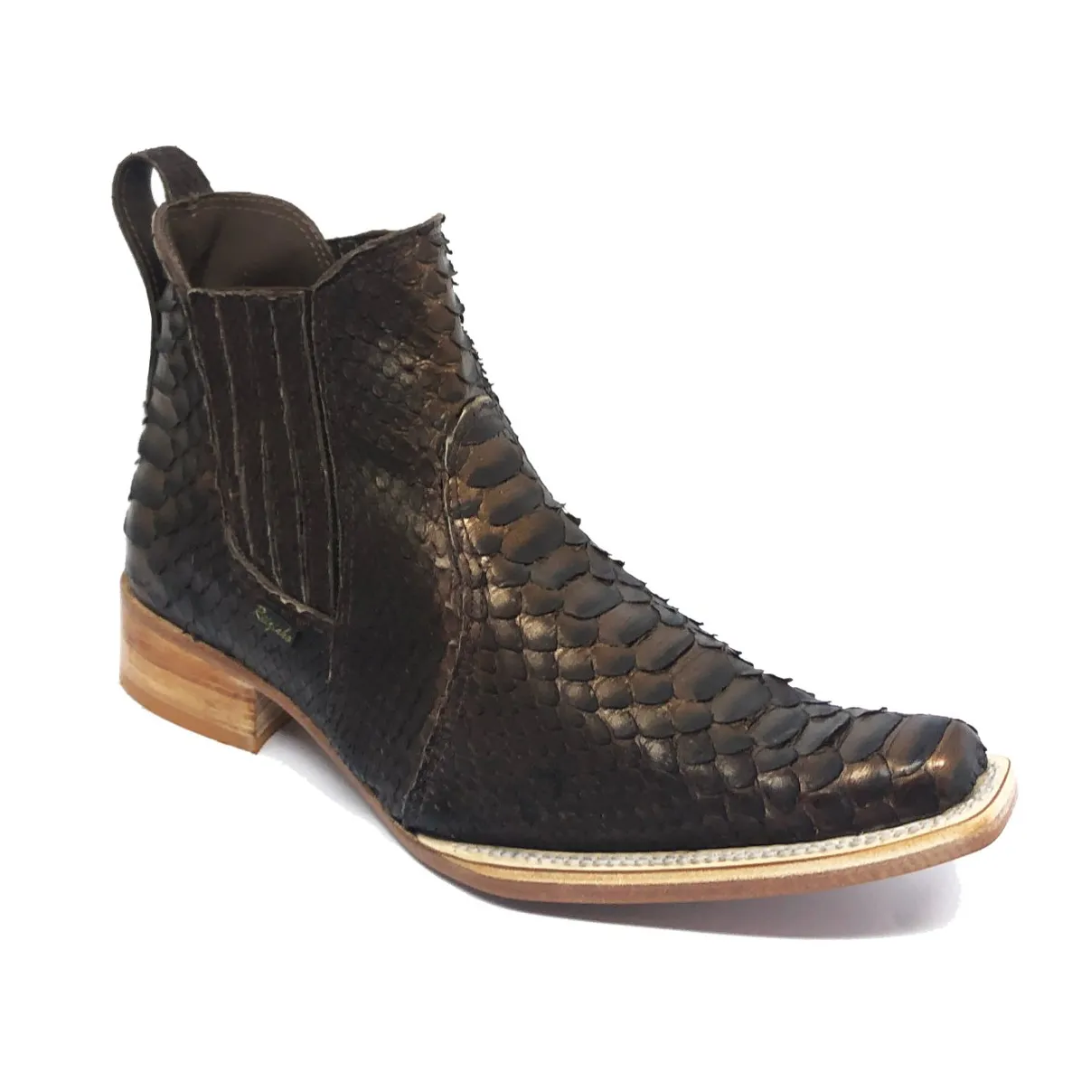 Bota Texana Reizinho Premium de Couro Legítimo de Cobra Python Luxo Brown LIMITED EDITION - Cano Curto, Bico Fino Quadra