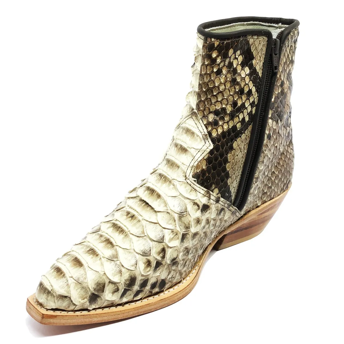 Bota Texana Reizinho Premium de Couro Legítimo de Cobra Python Natural LIMITED EDITION - Cano Curto, Bico Fino Quadradinho - Solado de Couro Artesanal
