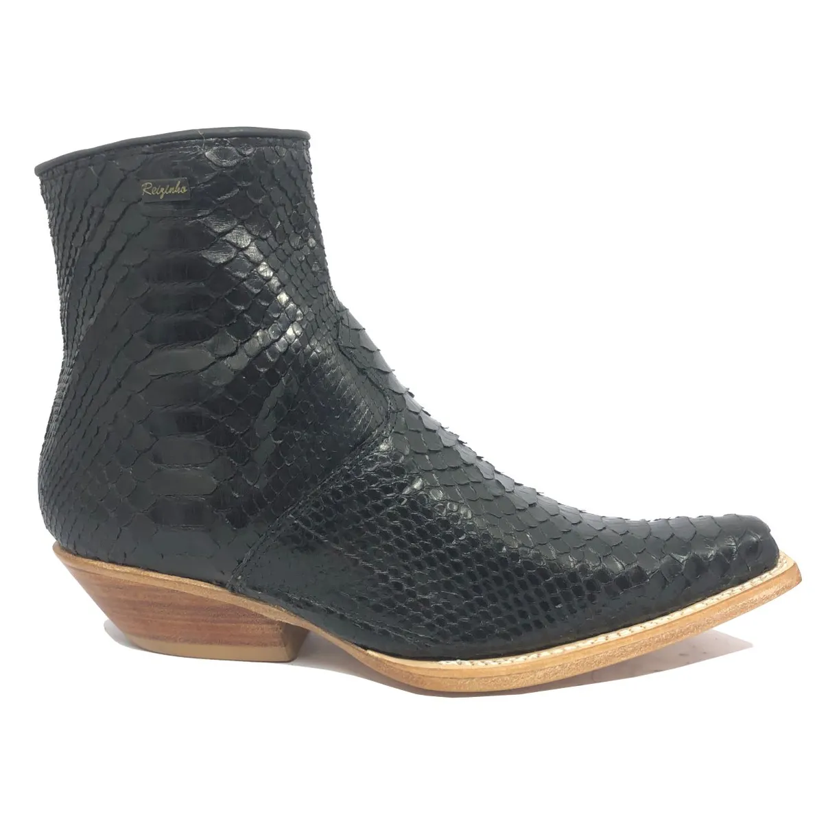 Bota Texana Reizinho Premium de Couro Legítimo de Cobra Python Preta LIMITED EDITION - Cano Curto, Bico Fino Quadradinho - Solado de Couro Artesanal