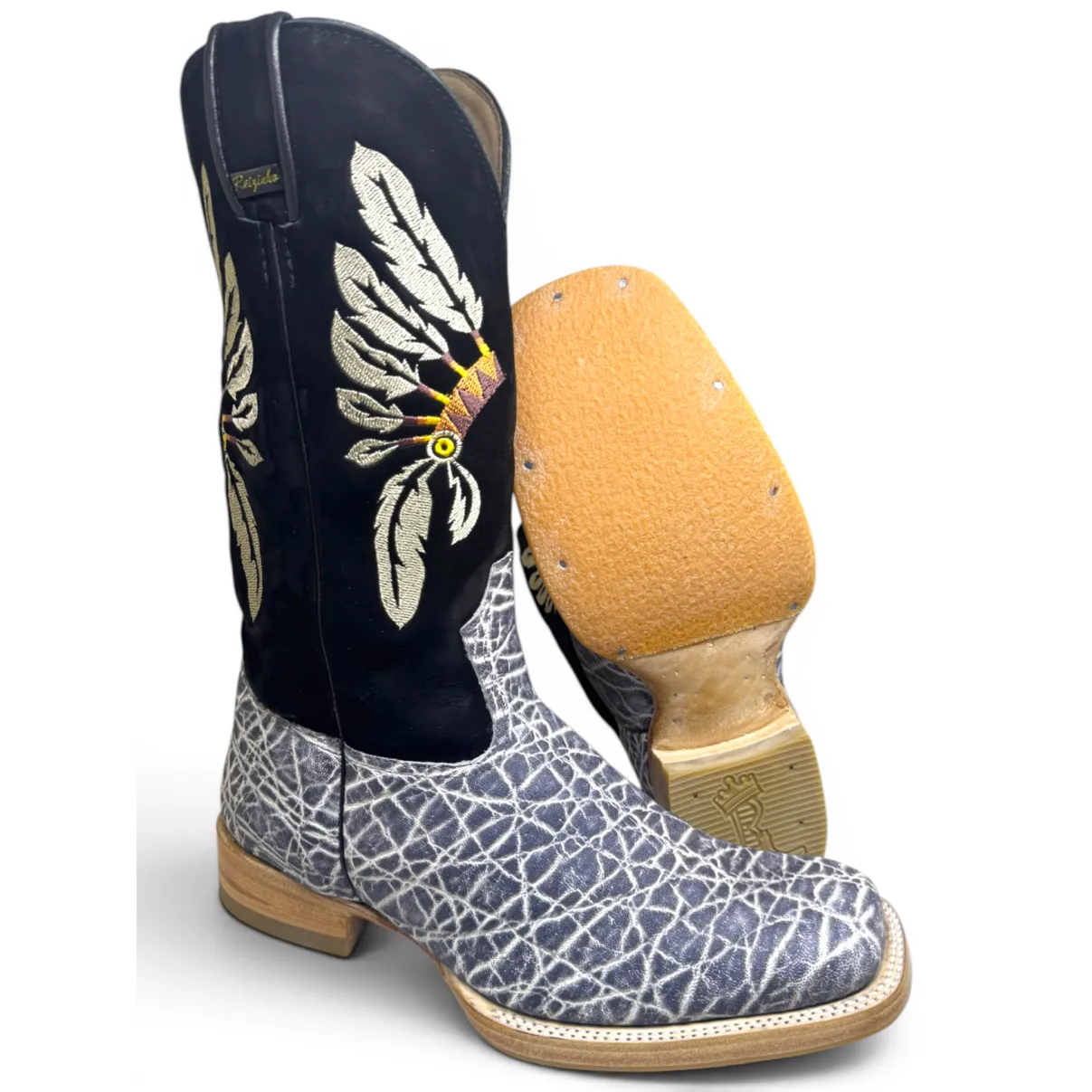 Bota Texana Reizinho Premium de Couro Legítimo de Elefante Cinza Natural LIMITED EDITION - Cano Alto, Bico Quadrado - Solado de Couro Artesanal com Proteção