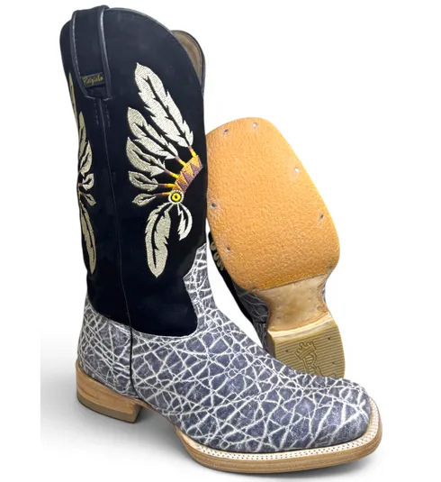 Bota Texana Reizinho Premium de Couro Legítimo de Elefante Cinza Natural LIMITED EDITION - Cano Alto, Bico Quadrado - Solado de Couro Artesanal com Proteção