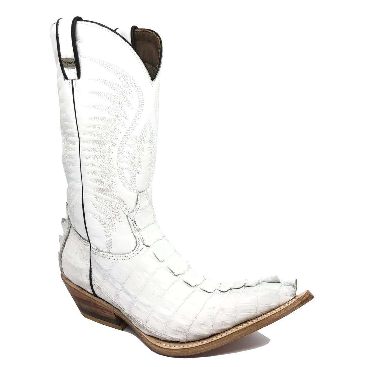 Bota Texana Reizinho Premium de Couro Legítimo de Jacaré Branco Rabo LIMITED EDITION - Cano Alto, Bico Fino - Solado de Couro Artesanal